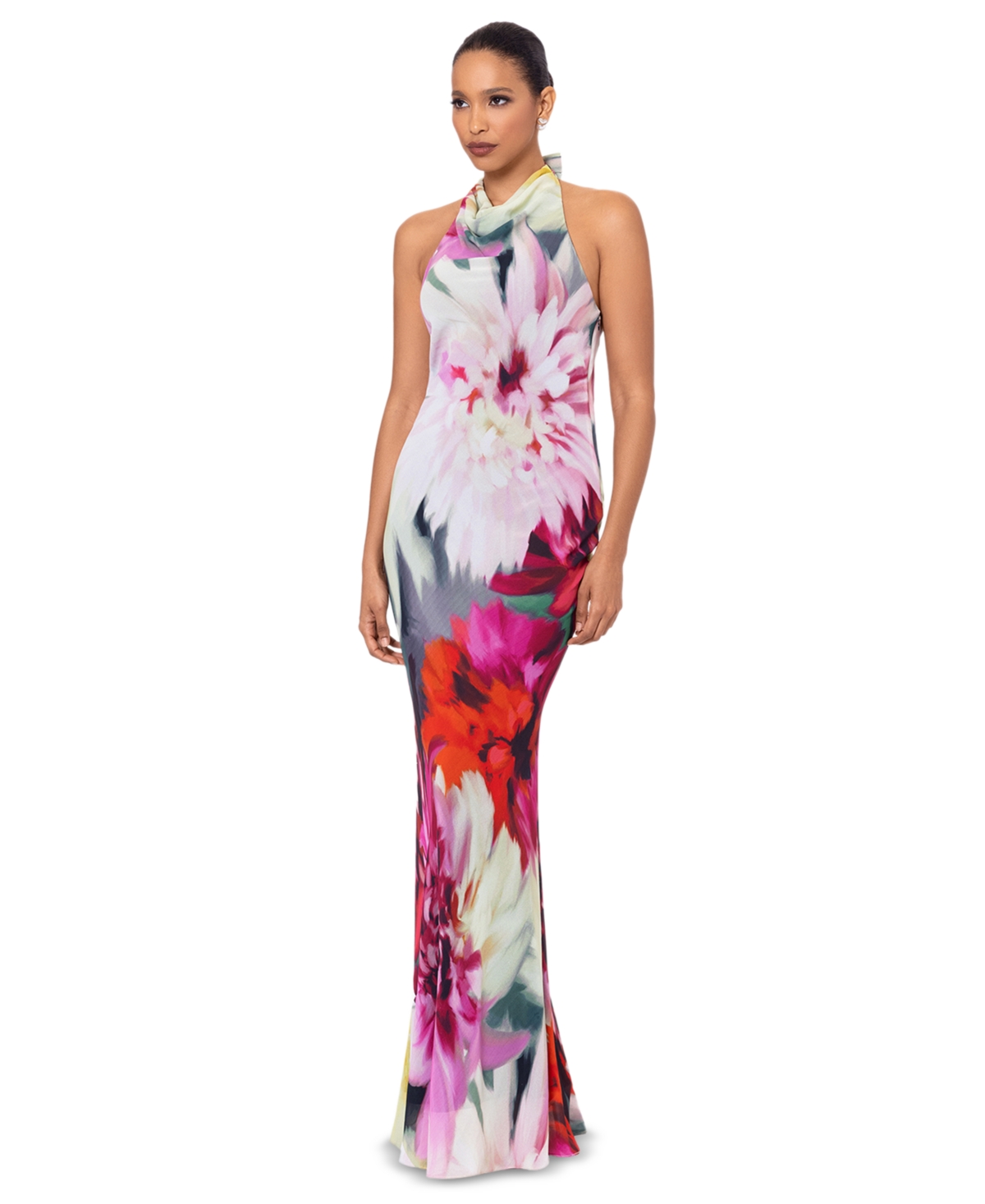 Shop Betsy & Adam Women's Floral-print Halter Gown In Fucshia,blush