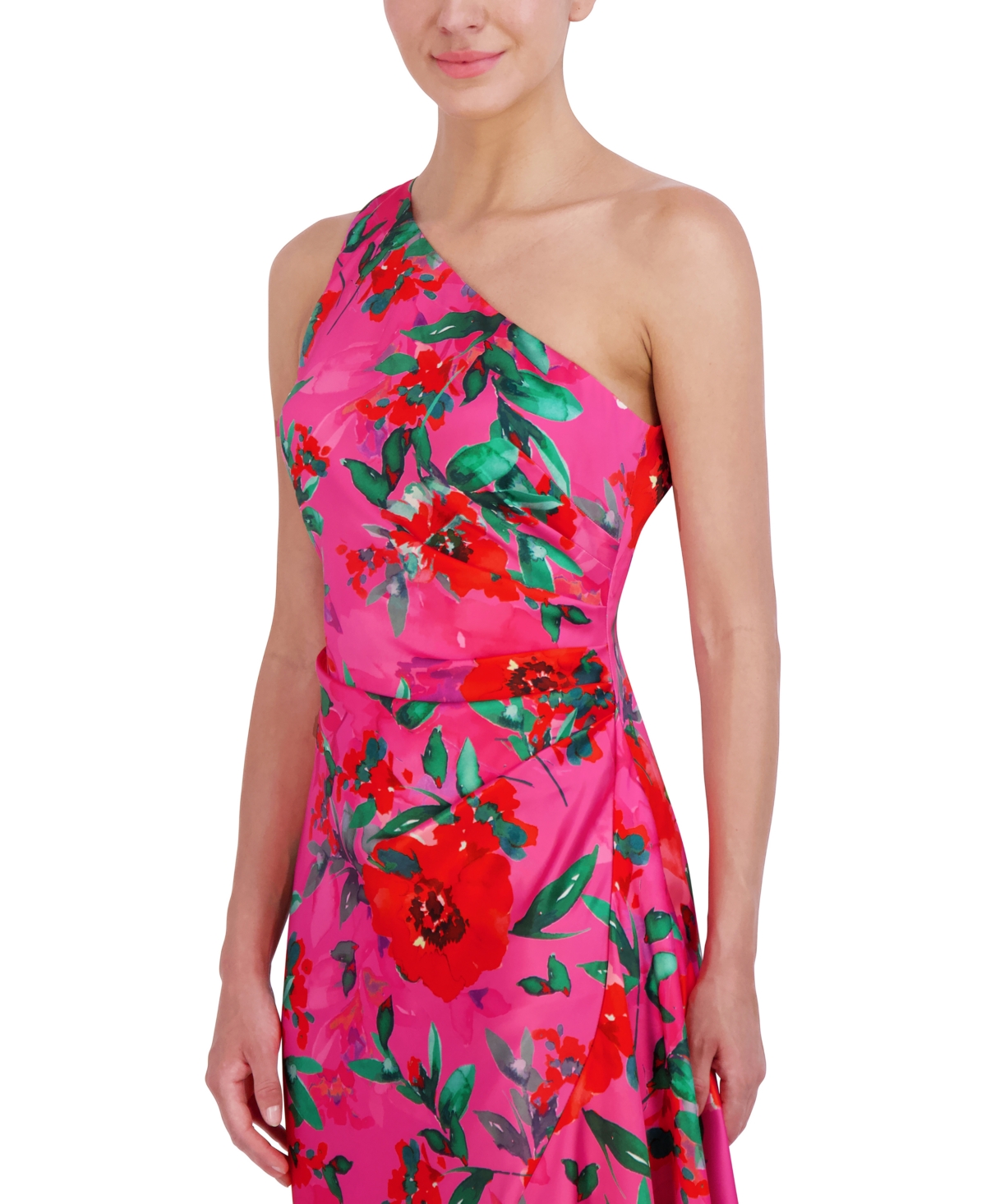 Shop Eliza J Petite Floral Satin Asymmetric-hem Midi Dress In Hot Pink