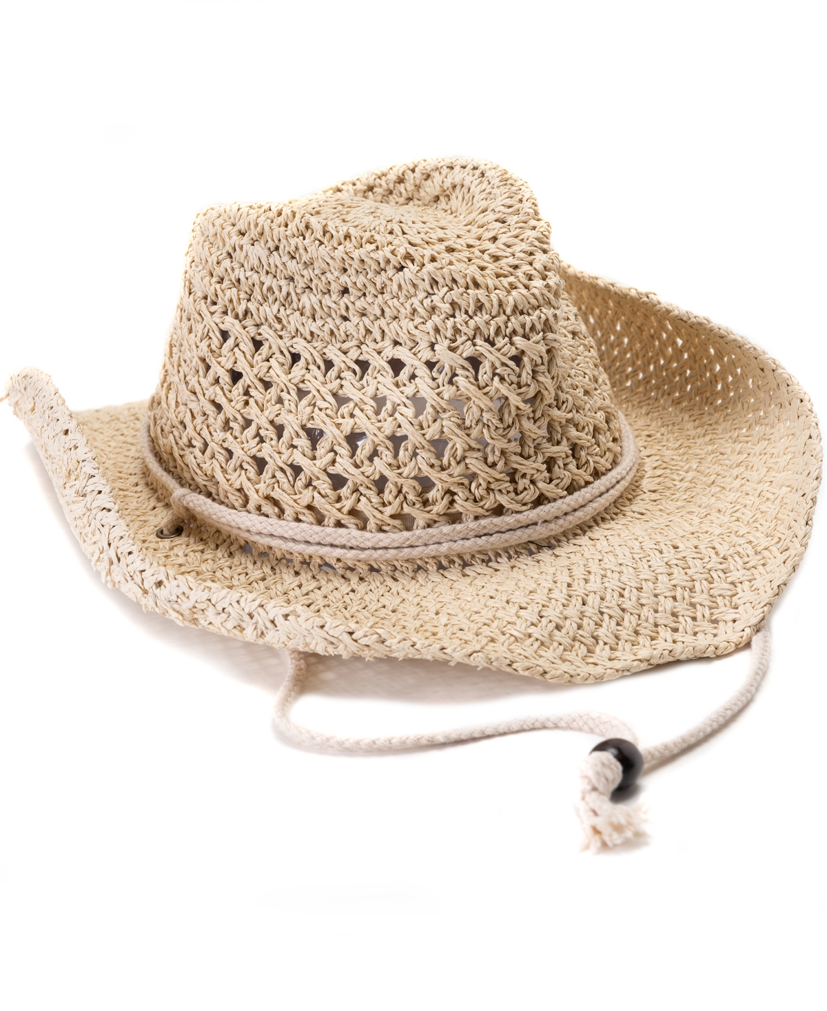 Crochet Straw Cowboy Hat with Chin Strap - Tan