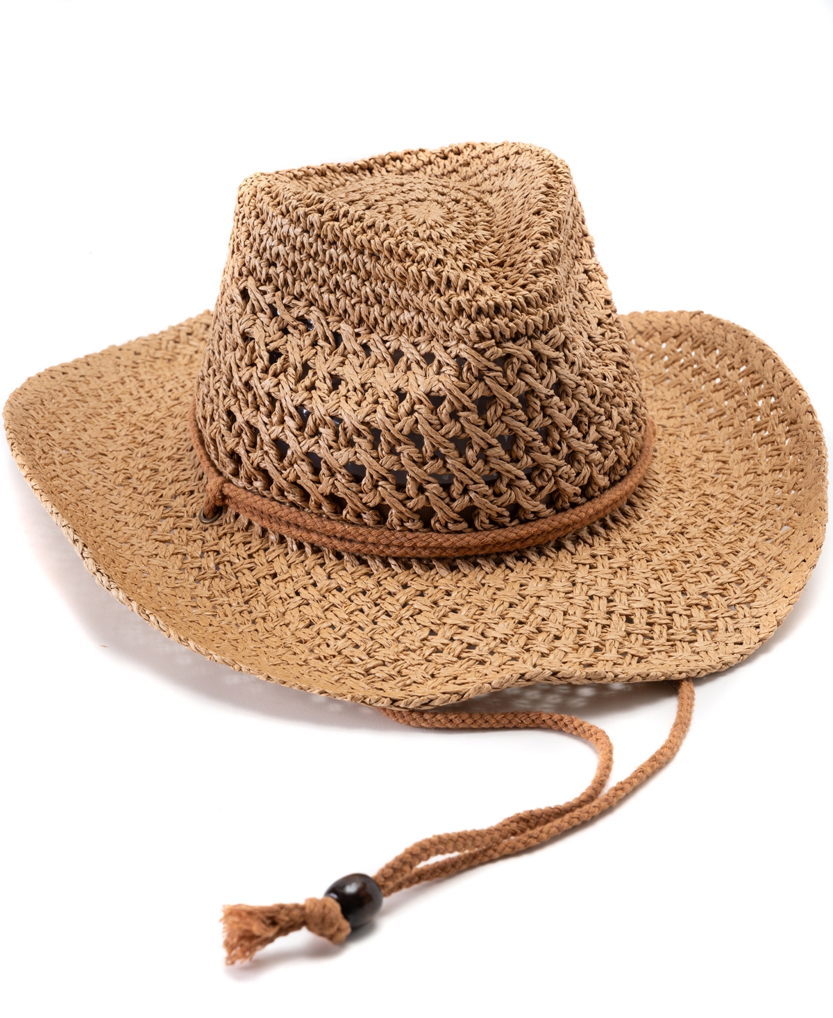 Crochet Straw Cowboy Hat with Chin Strap - Tan