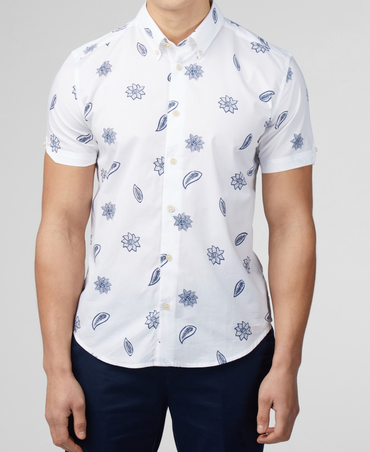 Men's Floral Print Short Sleeve Shirt - Snow White