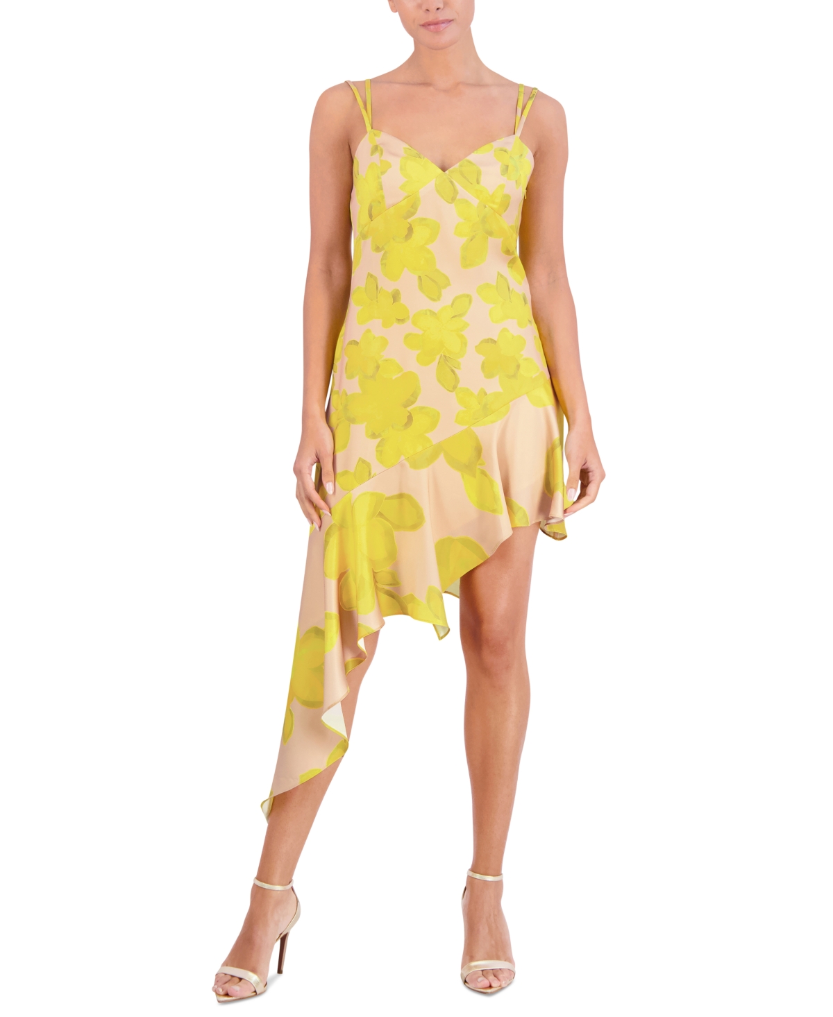 Women's Asymmetrical Strapless Mini Dress - Yellow Combo