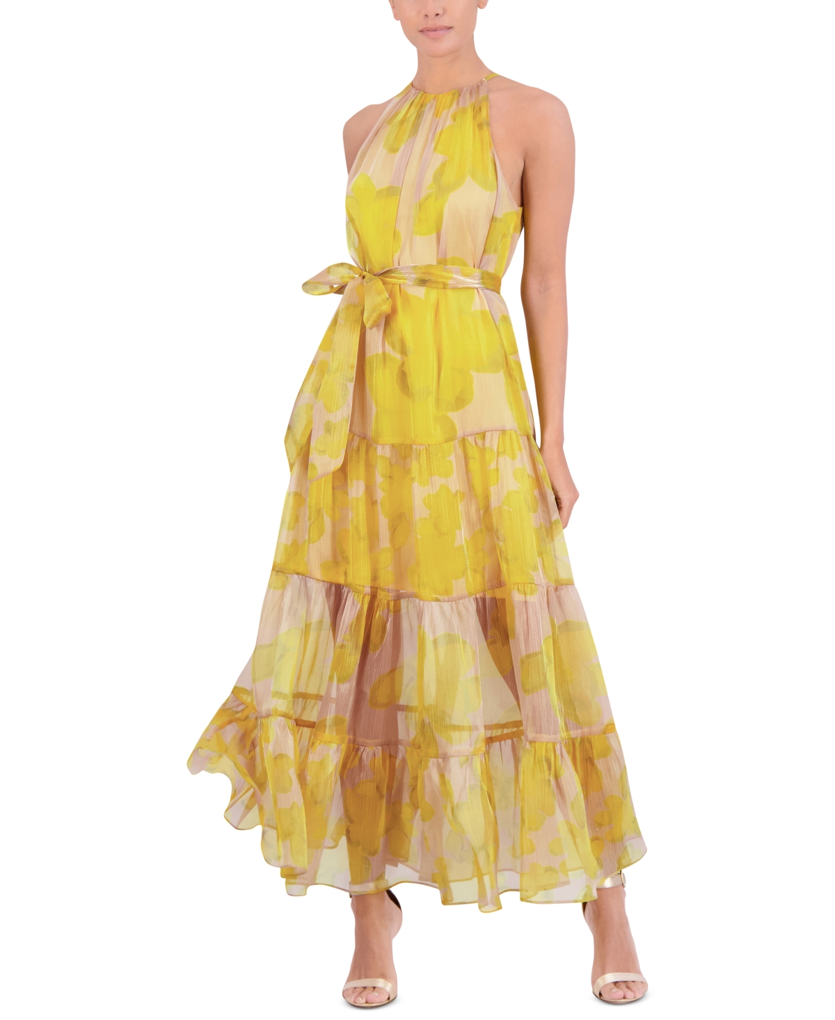 Women's Sleeveless Halter Tiered Maxi Dress - Yellow Combo Print