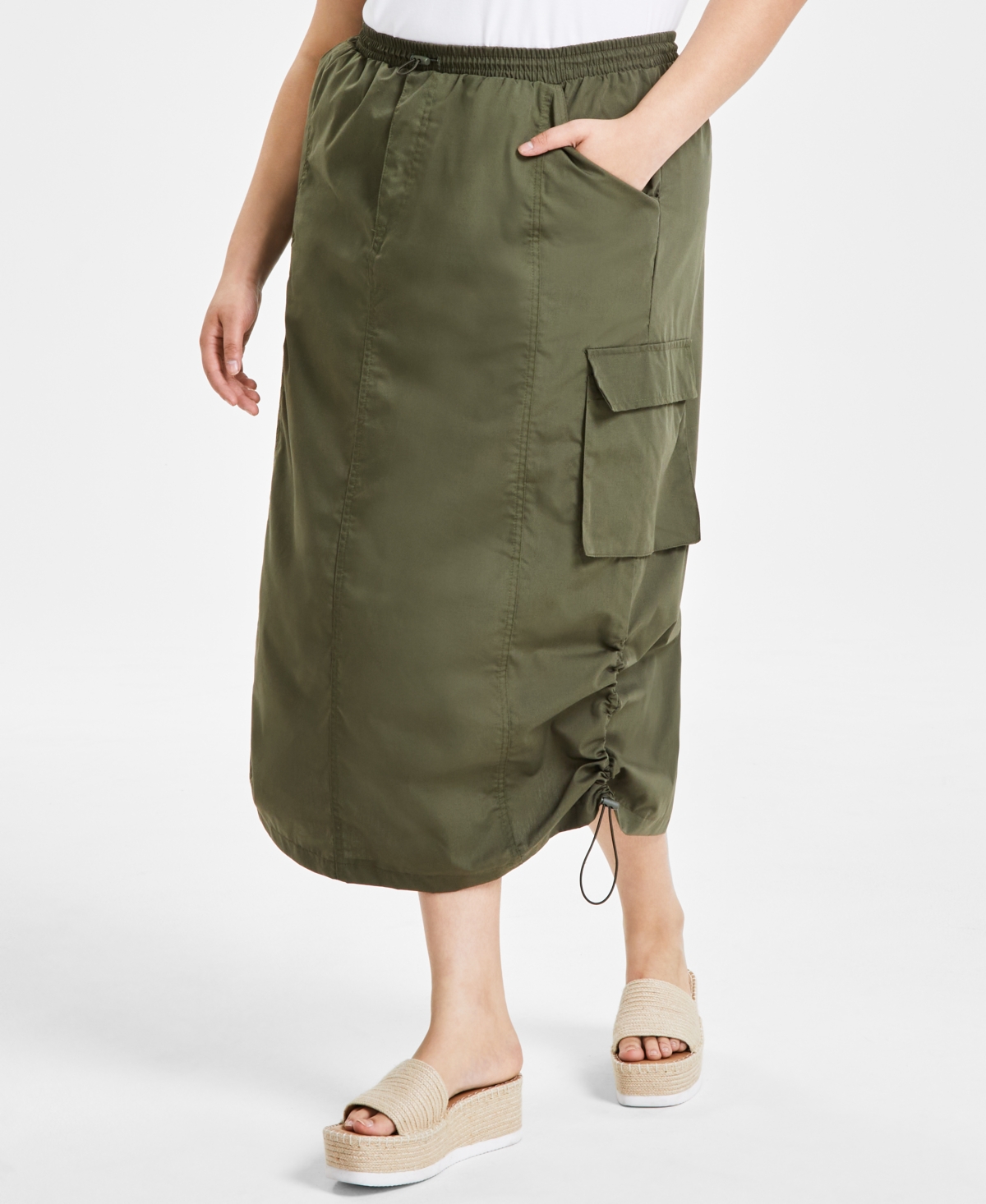 Shop Full Circle Trends Trendy Plus Size Utility Cargo Midi Skirt In Olive
