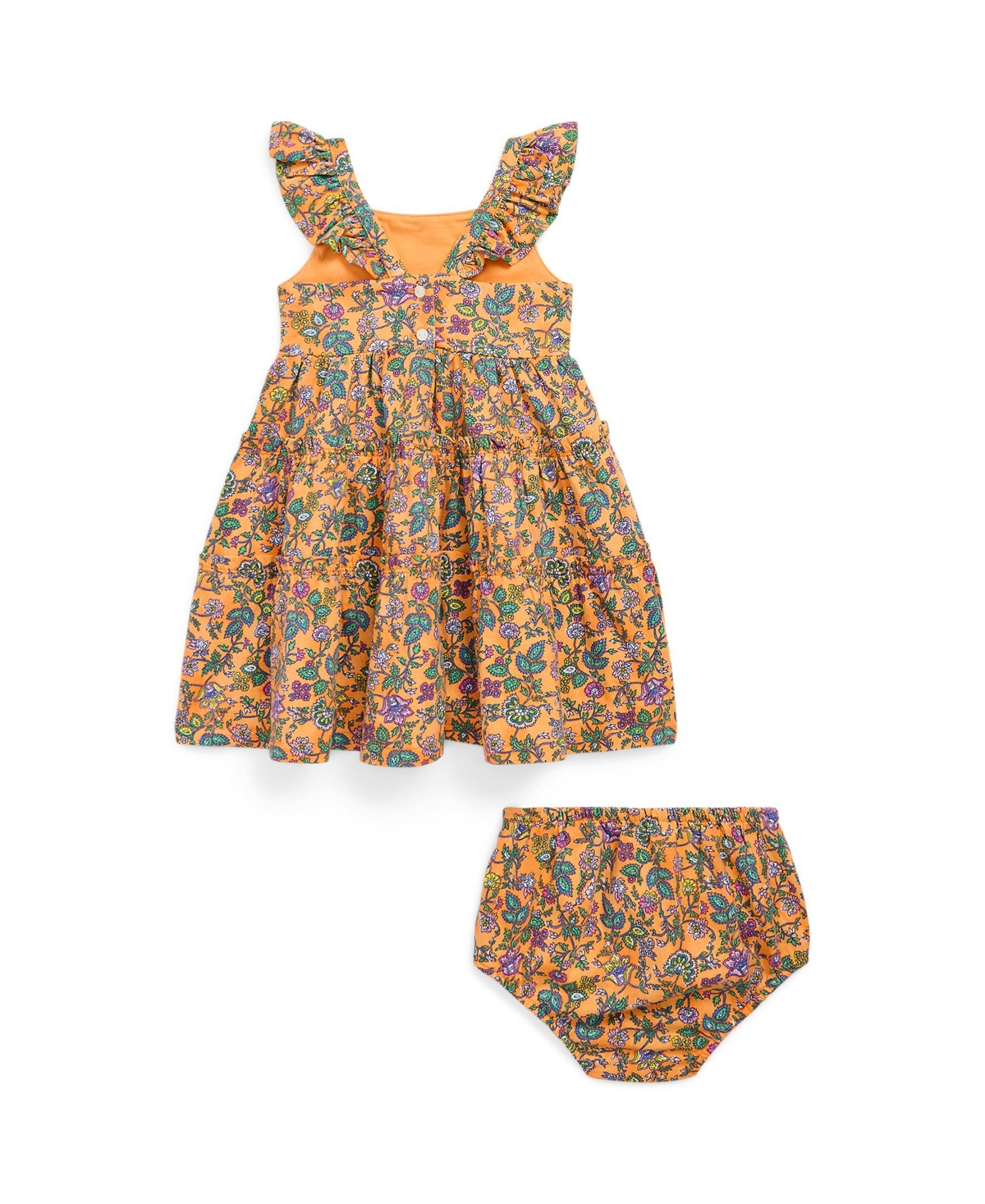 Shop Polo Ralph Lauren Baby Girls Floral Ruffled Cotton Dress And Bloomer Set In Tropical Woodblock With Dark Pink