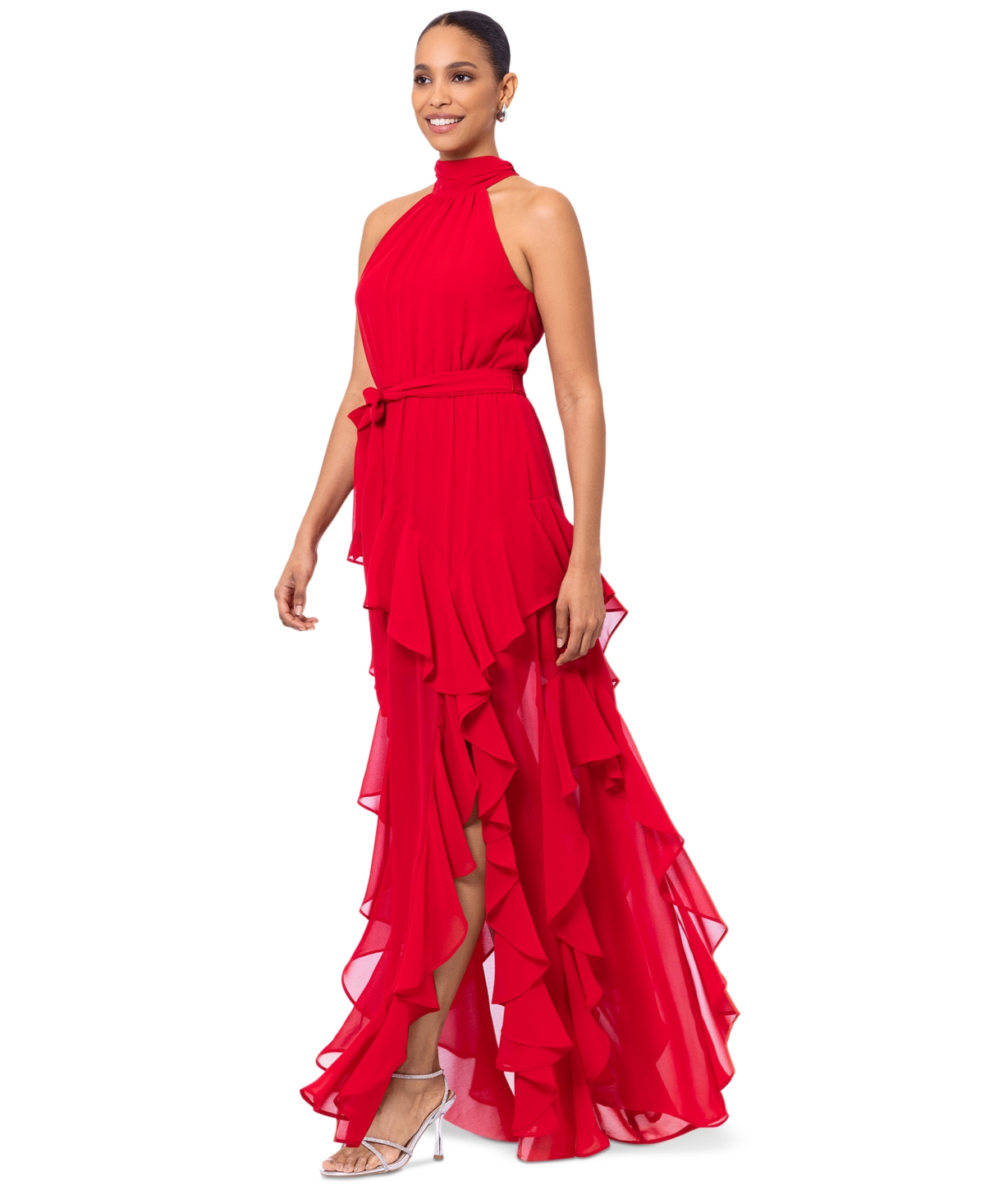 Shop Betsy & Adam Women's Ruffled Halter Gown In Red