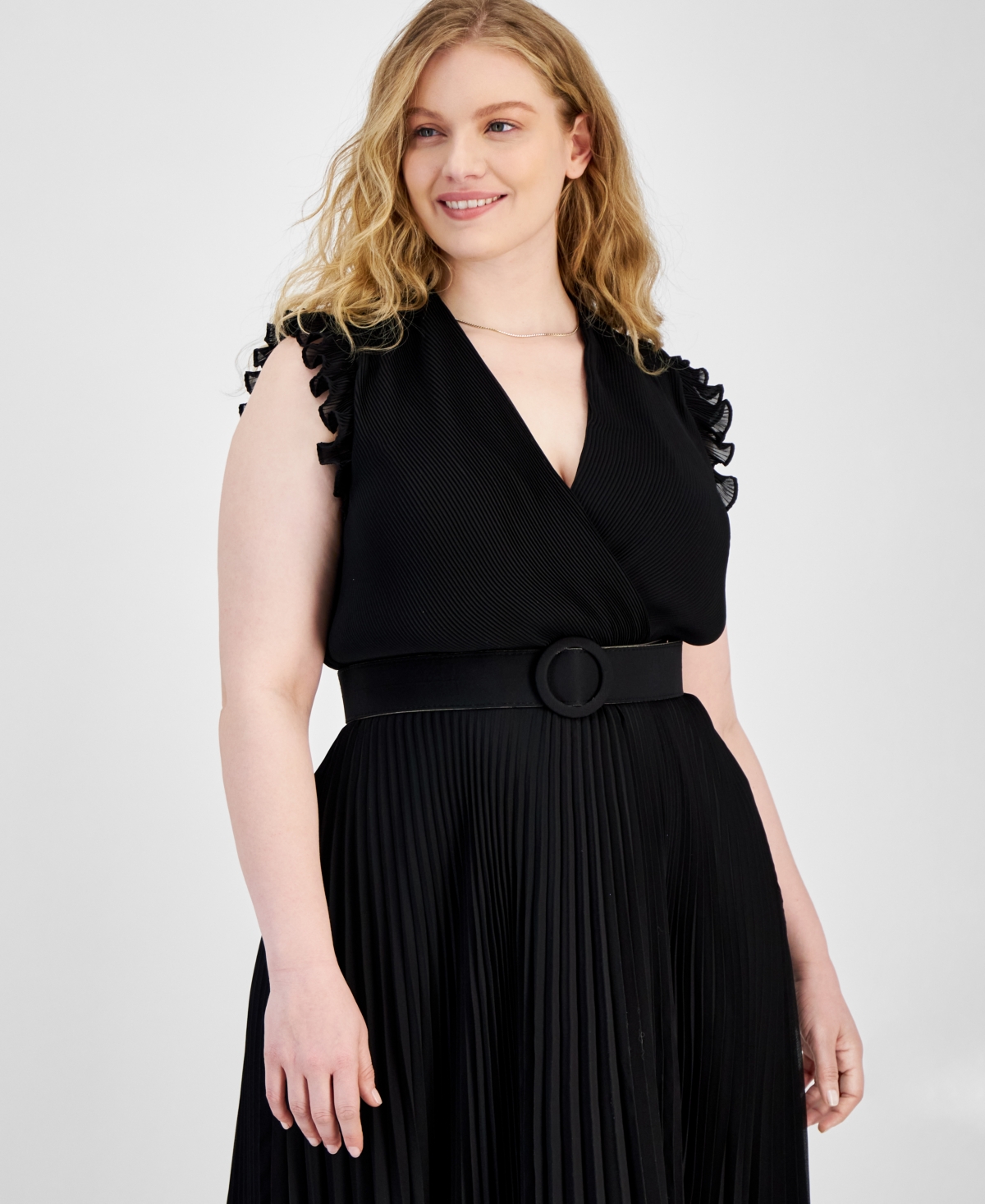 Shop Taylor Plus Size Pleated Belted A-line Dress In Black