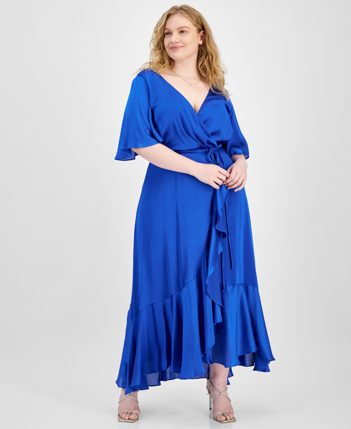 Plus Size Satin Ruffled A-Line Dress - Azure