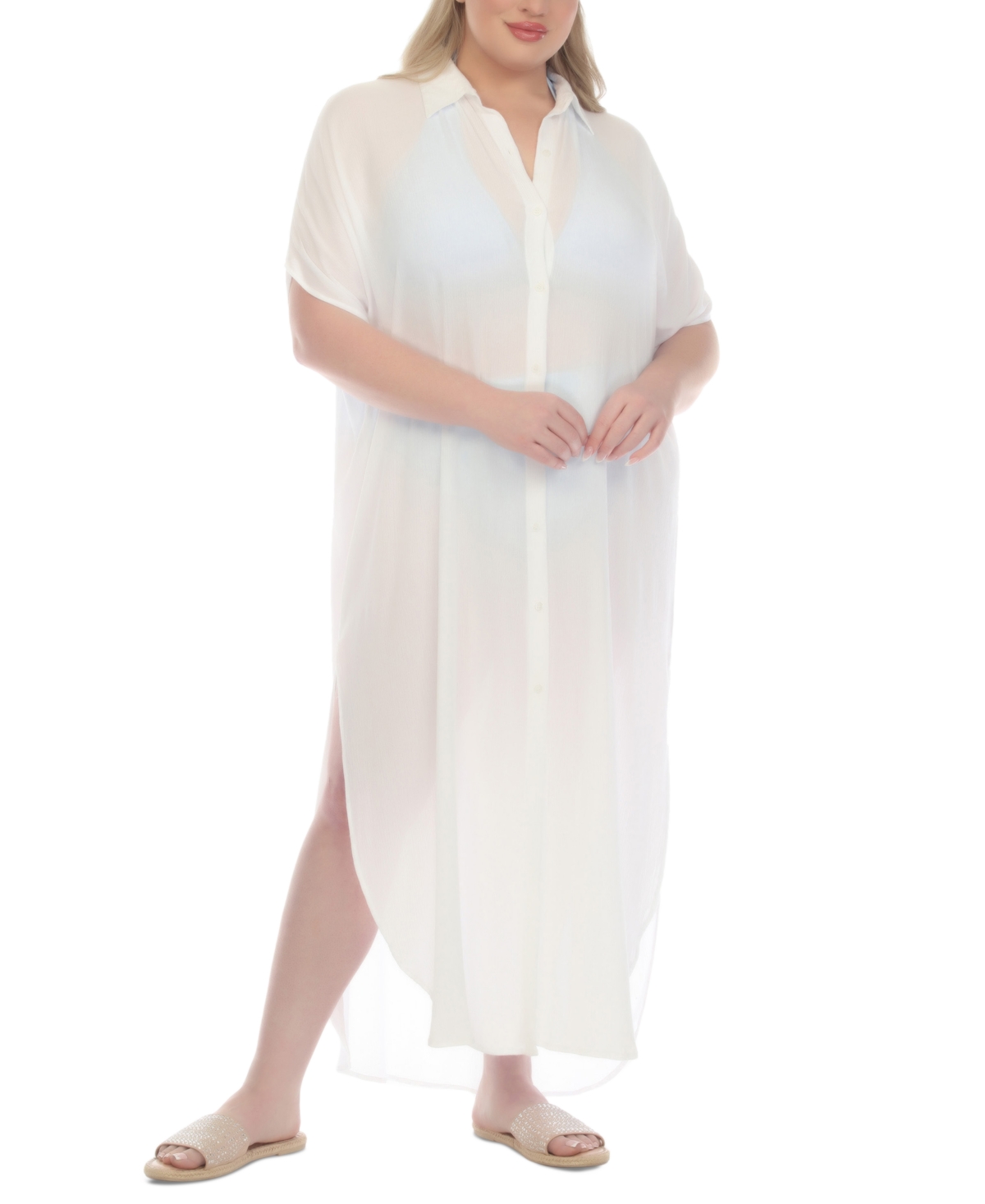 Plus Size Button-Front Cover-Up Maxi Dress - White