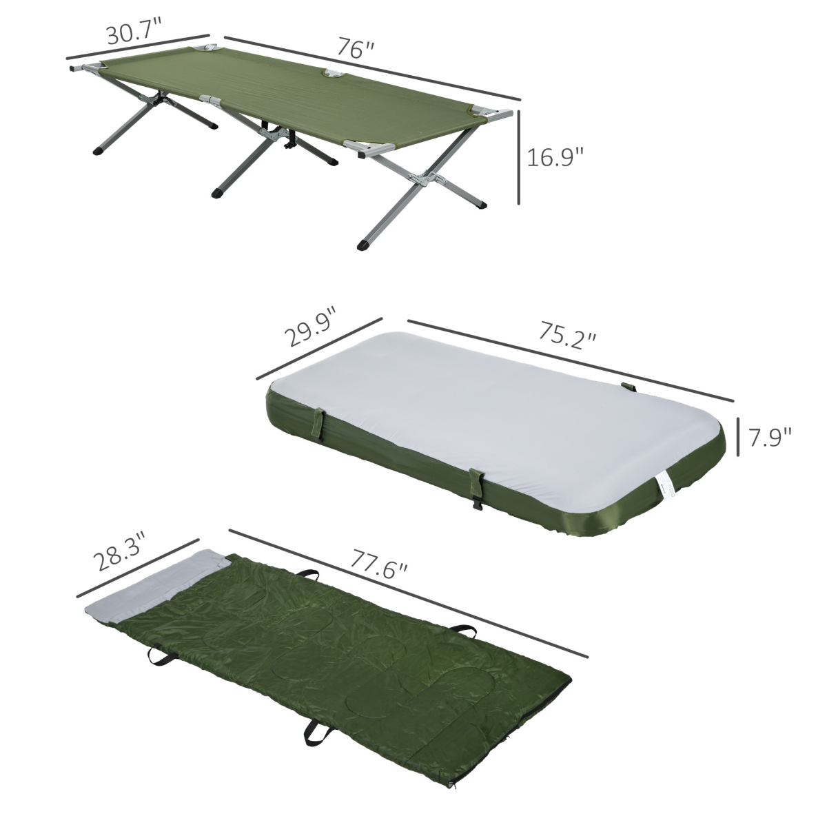 Folding Camping Cot w/ Mattress, Sleeping Bag, Pillow, Bag, - Green