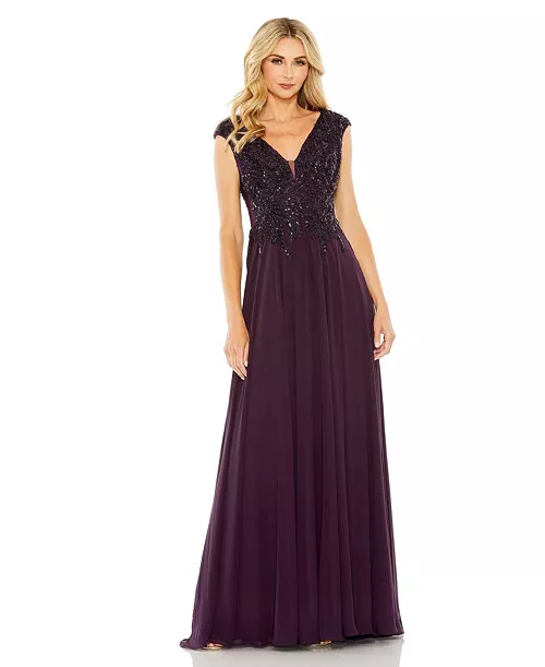 women's appliqued cap sleeve bodice flowy gown