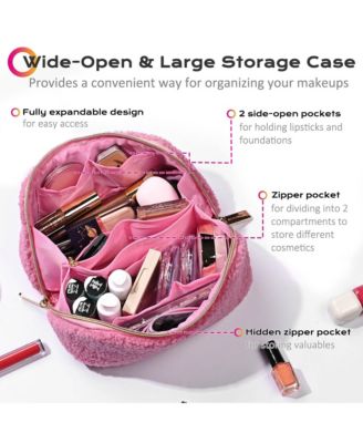 Plush Makeup Bag Open Flat Travel Toiletry Accessories Case Organizer