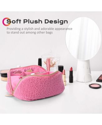 Plush Makeup Bag Open Flat Travel Toiletry Accessories Case Organizer