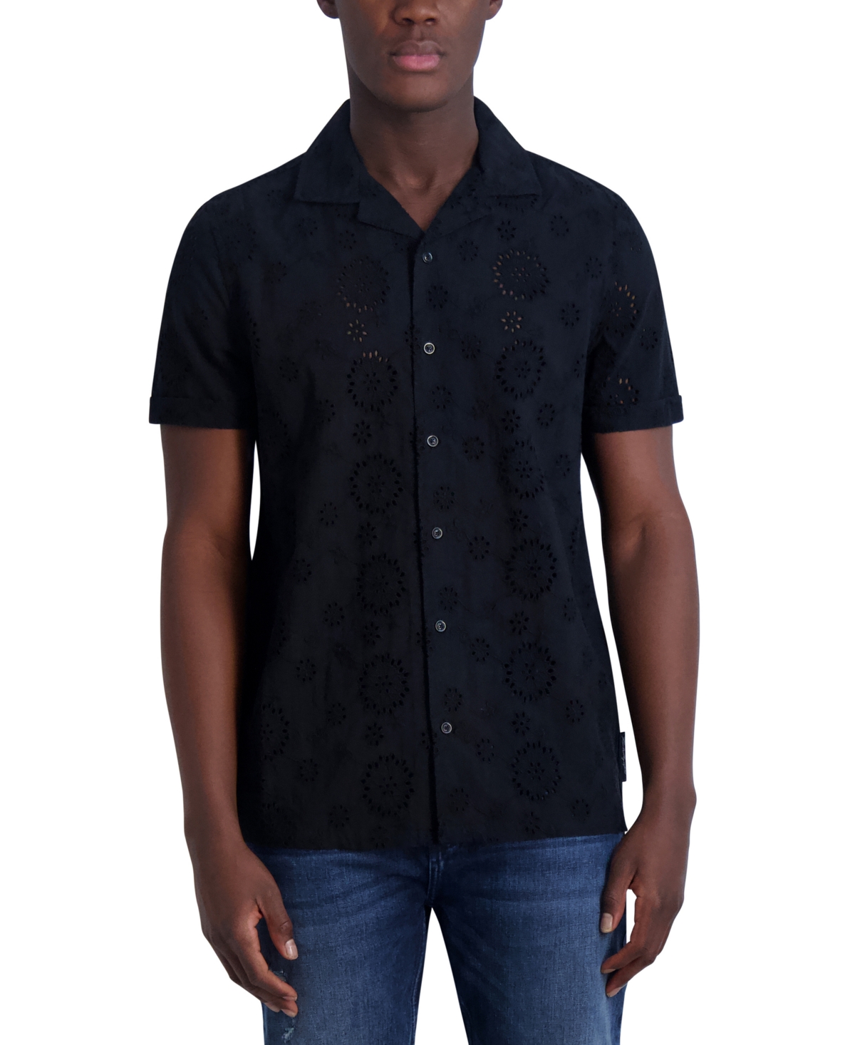 Shop Karl Lagerfeld Men's Slim-fit Eyelet Button-down Camp Shirt In Black