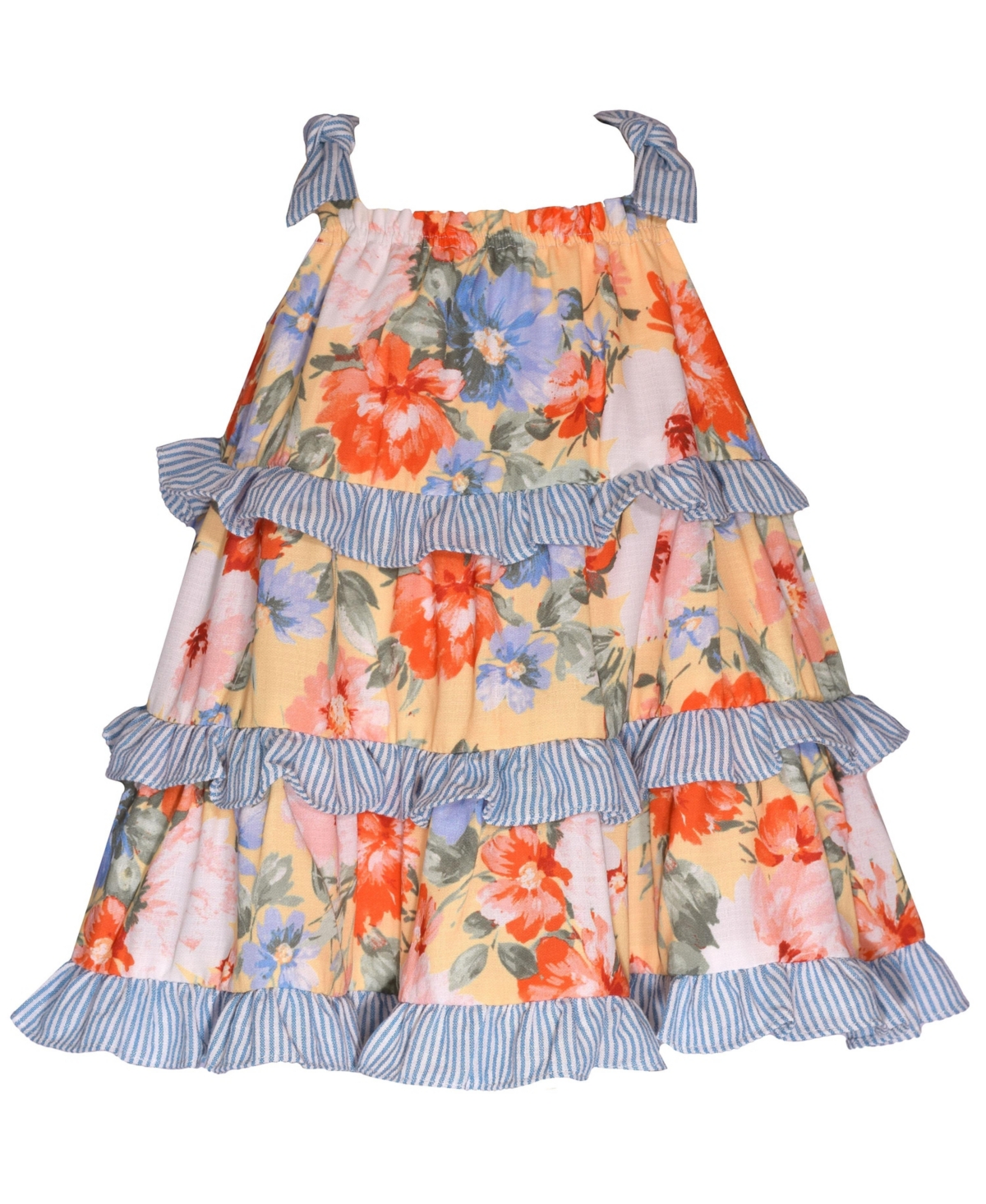 Shop Bonnie Baby Baby Girls Mixed Print Bow Shoulder Dress With Ruffled Tiers In Yellow