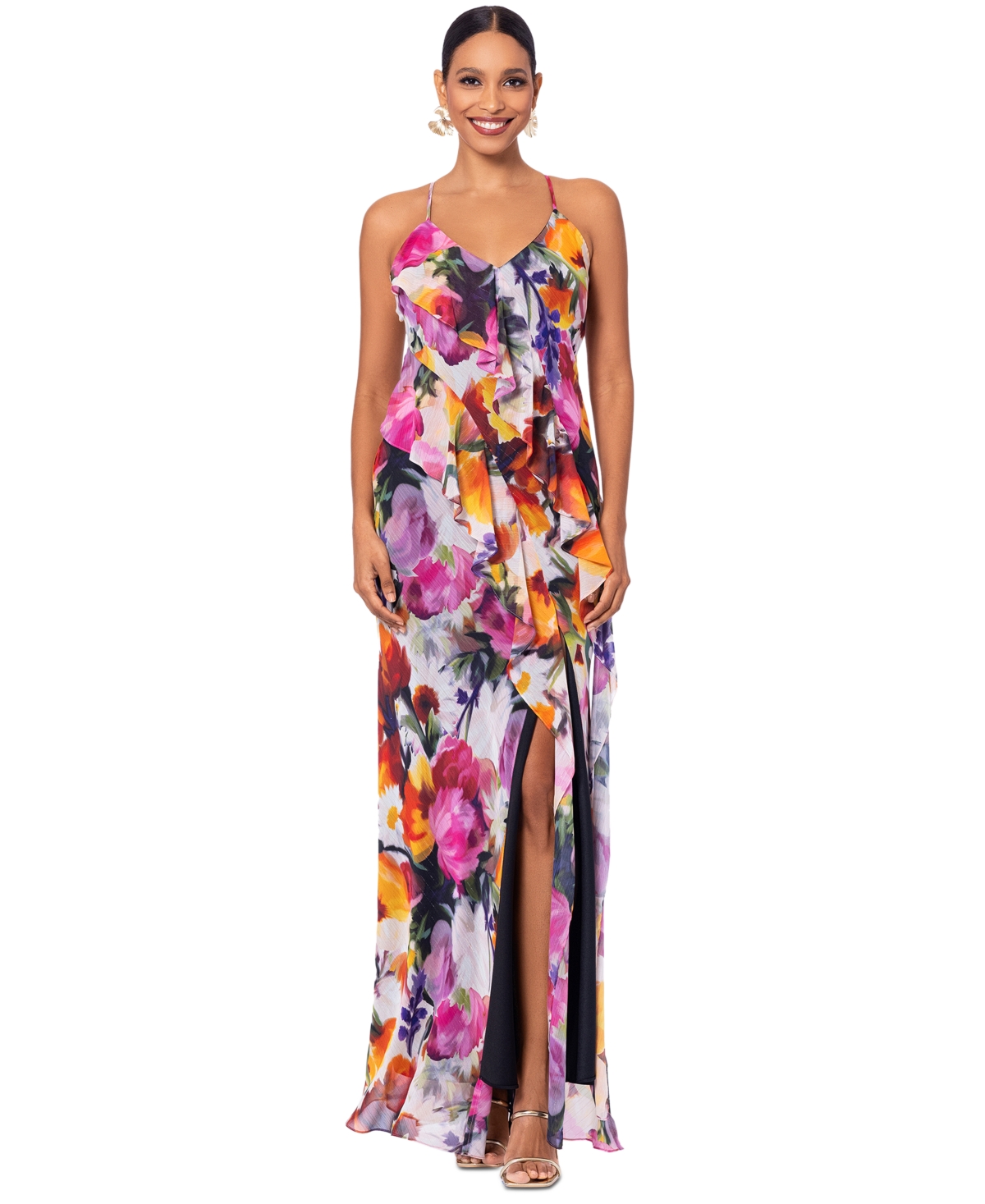 Shop Betsy & Adam Petite Floral Ruffle-front Long Dress In Multi