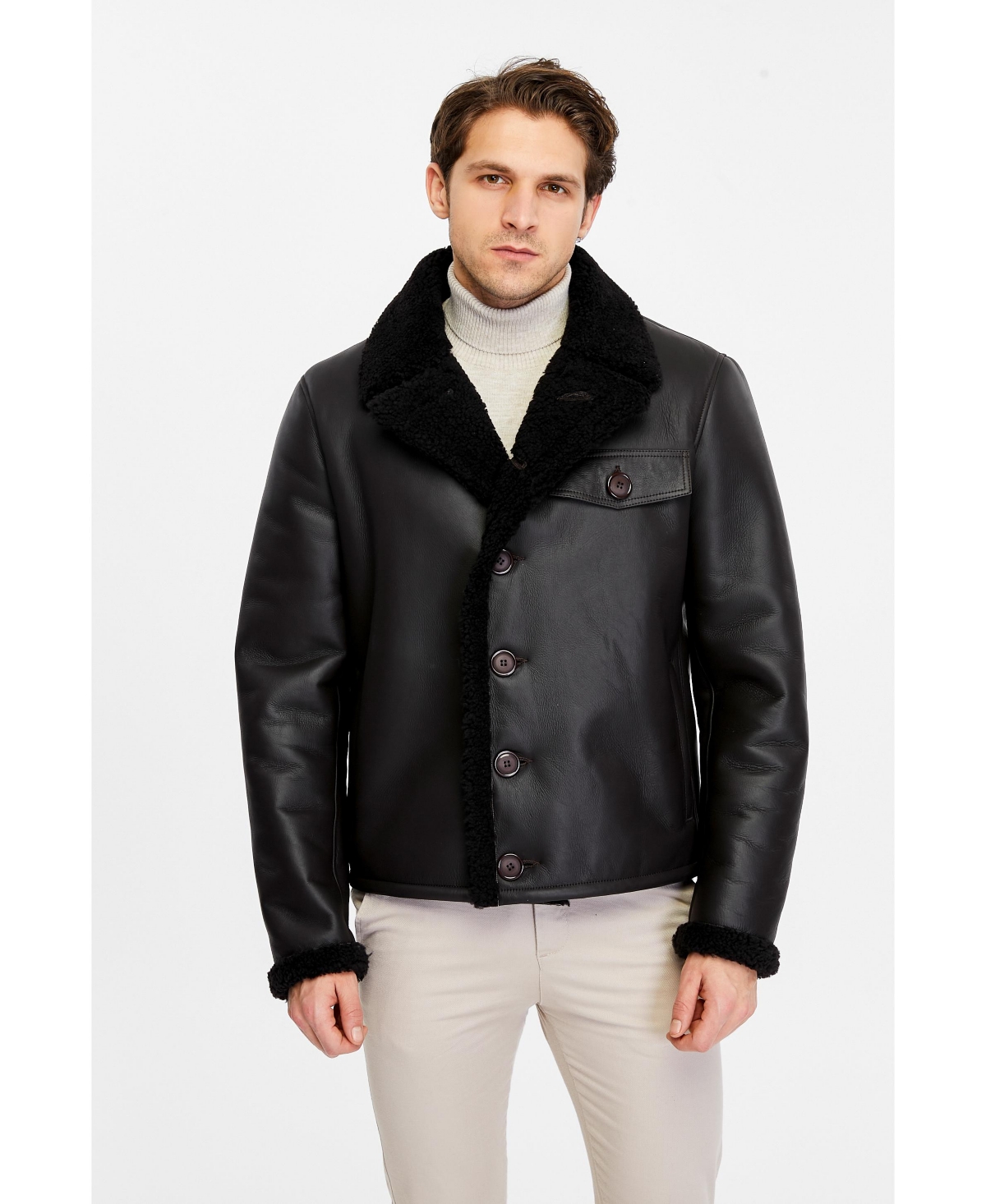 Men's Fashion Leather Jacket Wool, Brown - Brown