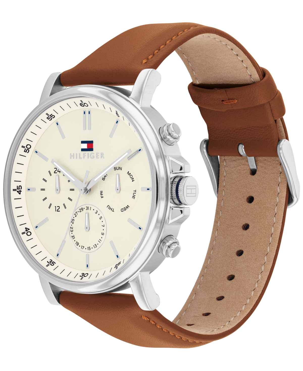 Shop Tommy Hilfiger Men's Multifunction Brown Leather Watch 44mm In Parchment