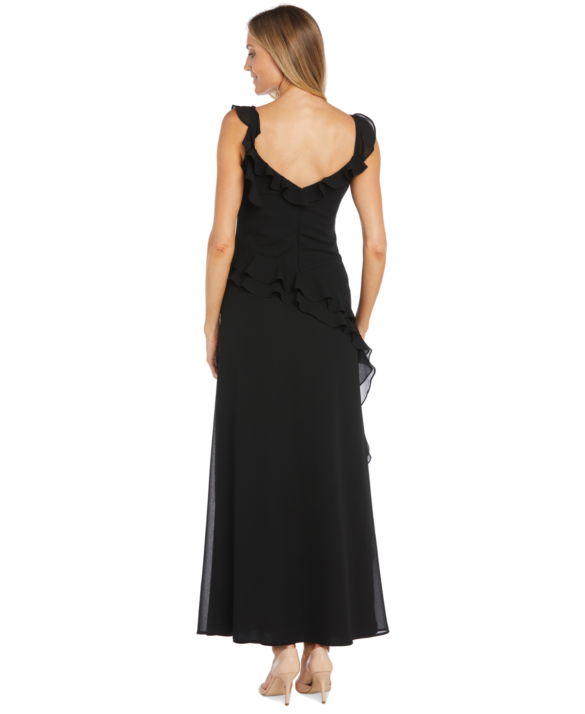 Shop R & M Richards Women's Ruffled Side-slit Gown In Black
