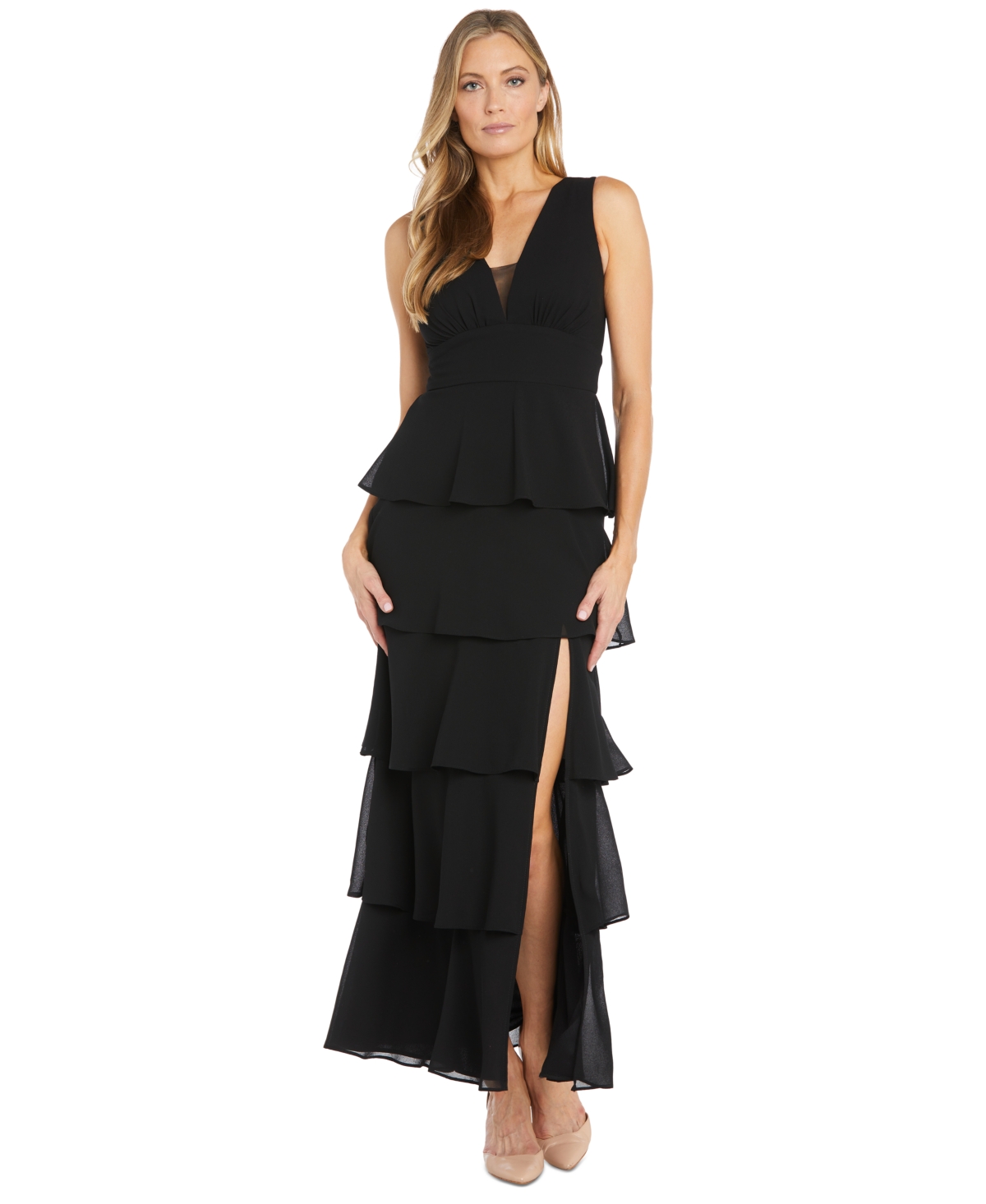 Shop R & M Richards Women's Multi-tiered Side-slit Gown In Black