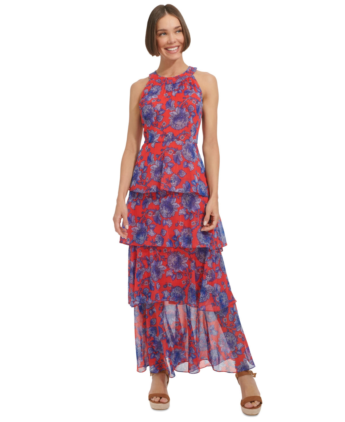 Shop Tommy Hilfiger Women's Floral-print Tiered Halter Maxi Dress In Guava,ampa
