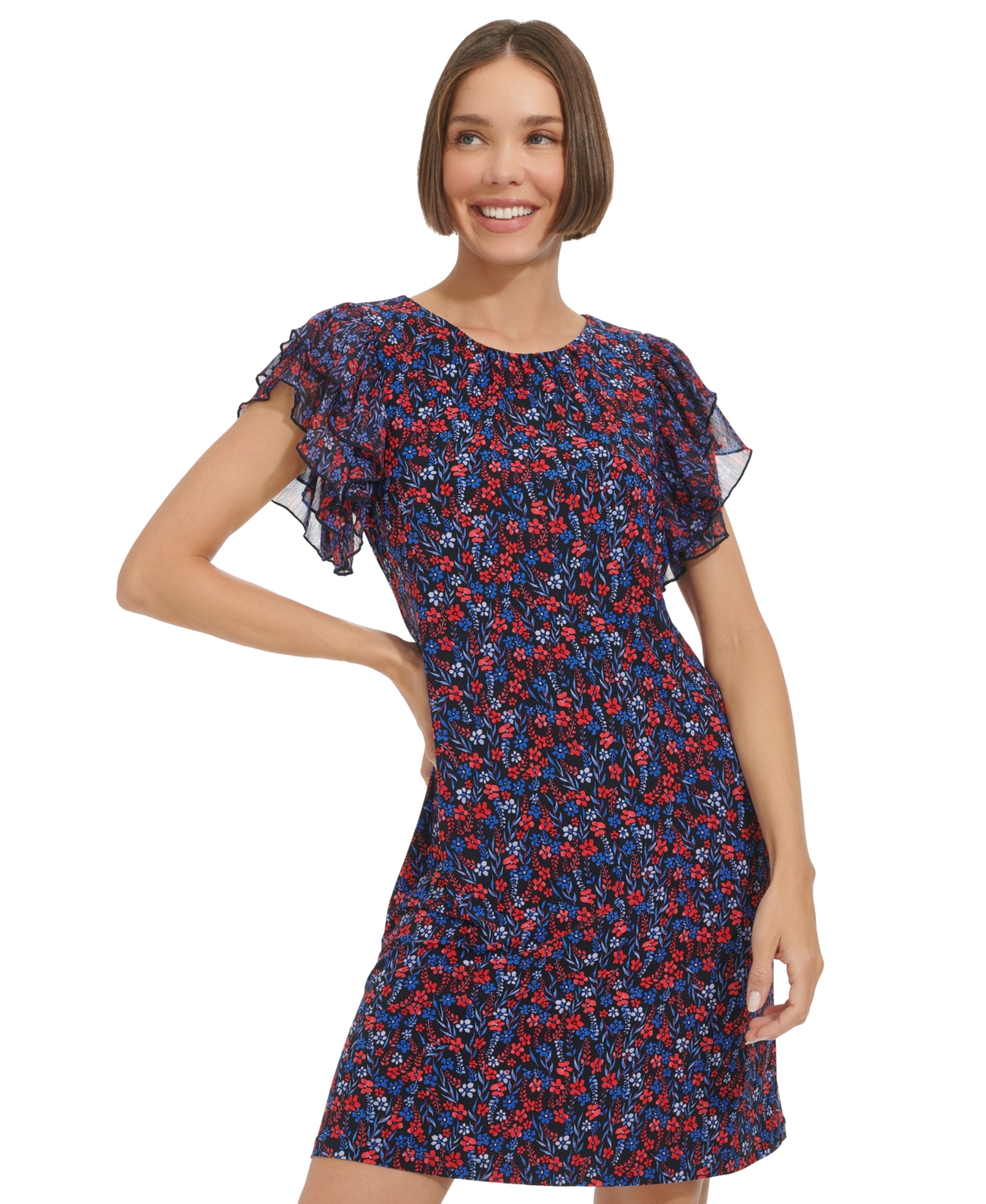 Shop Tommy Hilfiger Women's Floral-print Flutter-sleeve Shift Dress In Sk Captn,g