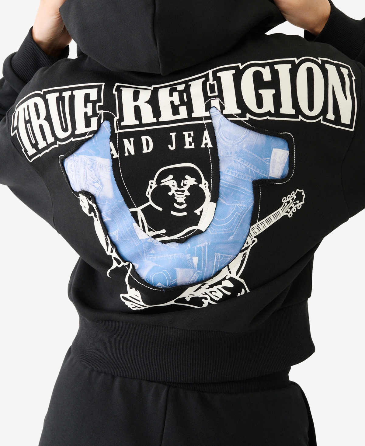 Shop True Religion Women's Distressed Horseshoe Pullover Hoodie In Black