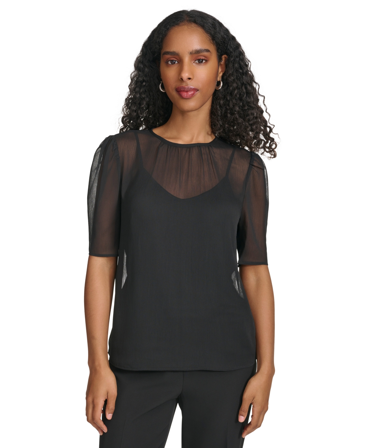 Shop Calvin Klein Women's Short Sleeve Chiffon Blouse In Black