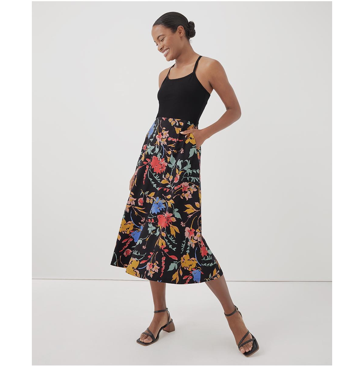Women's Organic Cotton Fit & Flare Midi Dress - Shorty - Blocked nightfall blooms