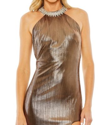 Women's High Neck Crystal Detail Metallic Slit Gown