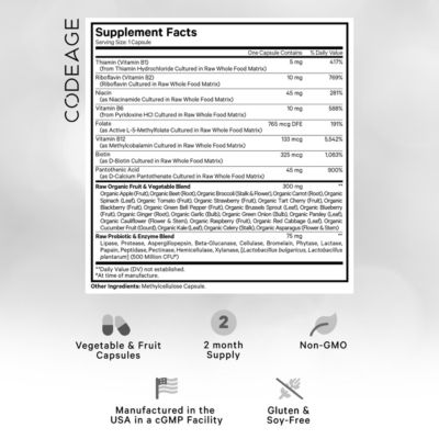 Raw Vitamin B-Complex Supplement - Essential B Vitamins with Probiotics, Digestive Enzymes, Fruits & Vegetables Methylfolate - Biotin, 60 Capsules