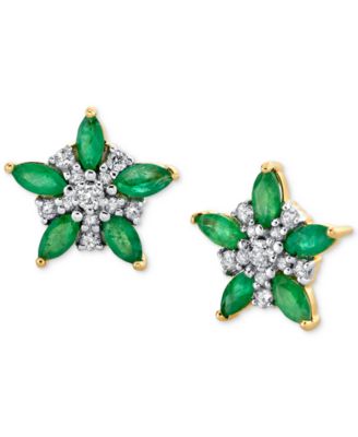 Macy's - Emerald (1 ct. t.w.) & Diamond (1/5 ct. t.w.) Flower Stud Earrings in 14k Gold