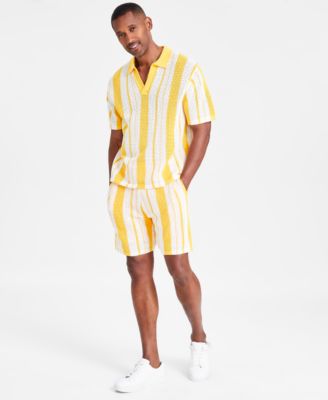 Shop Inc International Concepts Mens Regular Fit Crocheted Stripe Polo Shirt 7 Drawstring Shorts Created For Macys In Majestic Yellow