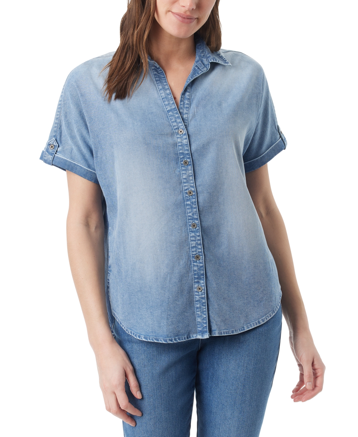 Shop Gloria Vanderbilt Women's Demi Short-sleeve Button Front Shirt In Bora Bora Chambray