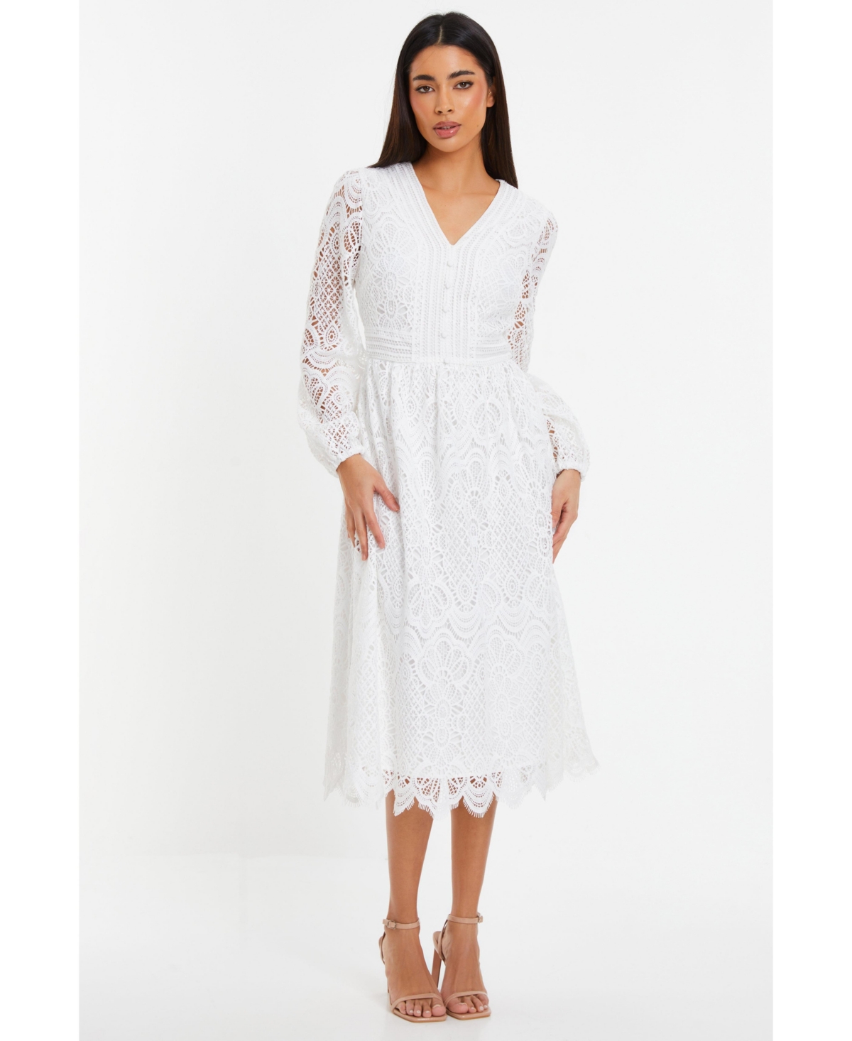 Women's Crochet Lace Long Sleeve Midi Dress - White