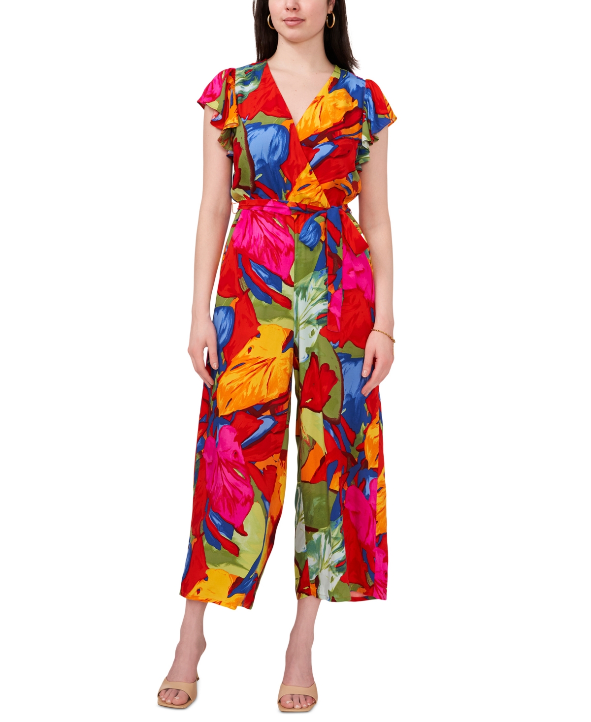 Shop Sam & Jess Women's Printed Tie-waist Flutter-sleeve V-neck Jumpsuit In Rainbow Leaf