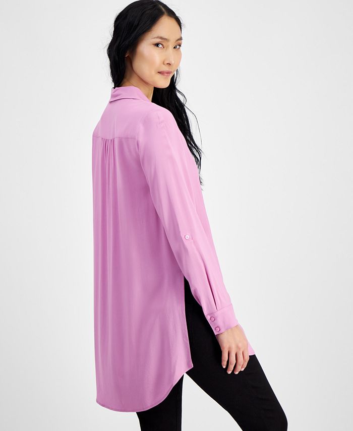 INC International Concepts Women's Roll Tab Long Sleeve Blouse Pink Size 0X