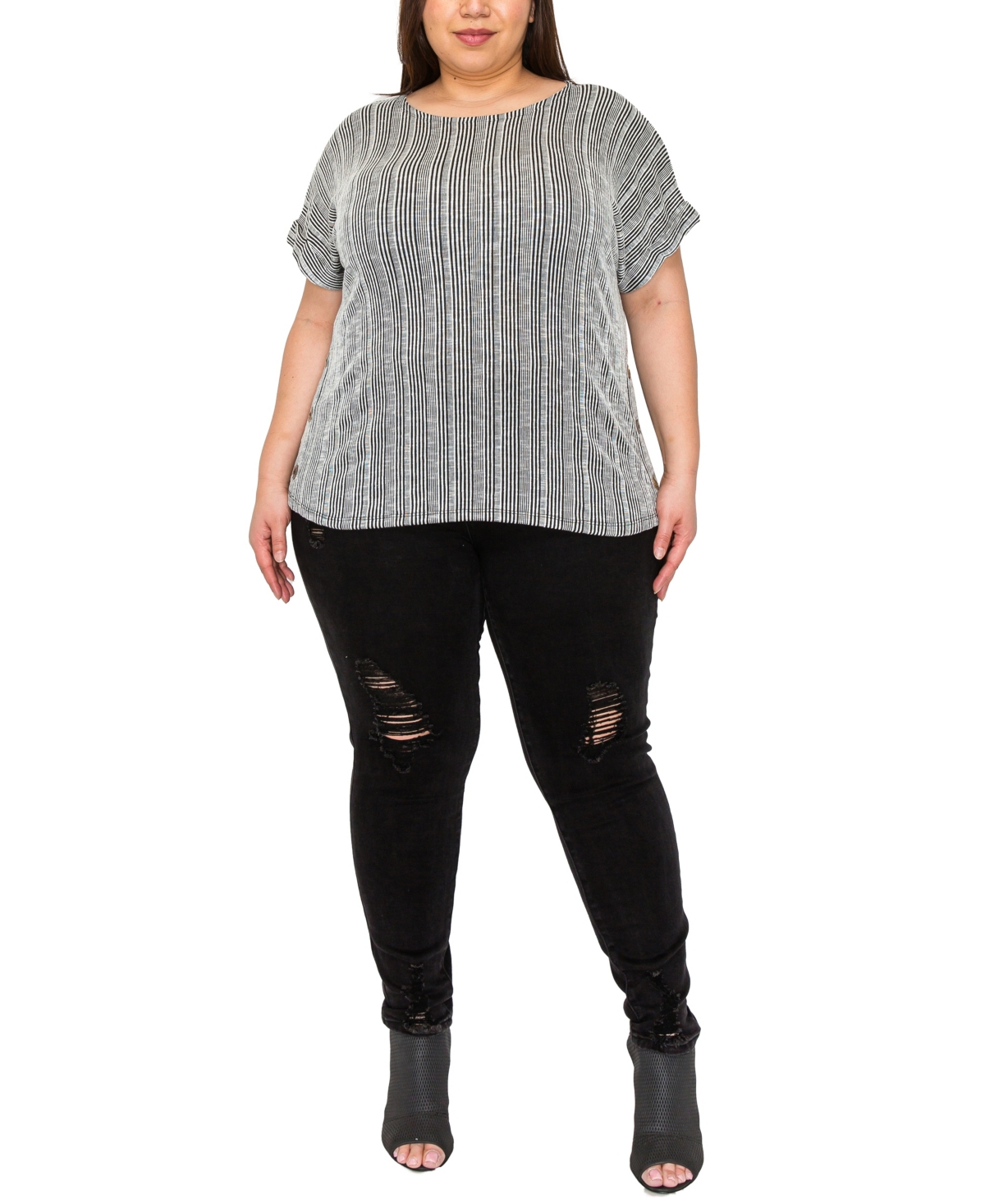Shop Coin 1804 Plus Size Variegated Textured Stripe Scoopneck Top In Black Ivory