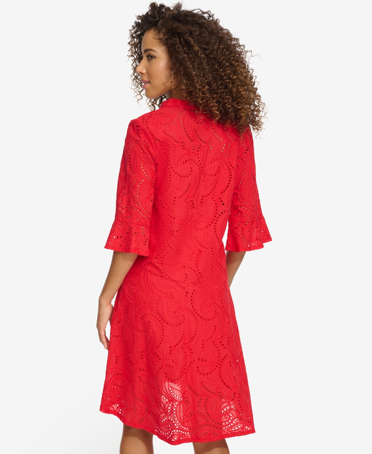 Shop Kensie Women's Cotton Eyelet Bell-sleeve High-low Dress In Poppy