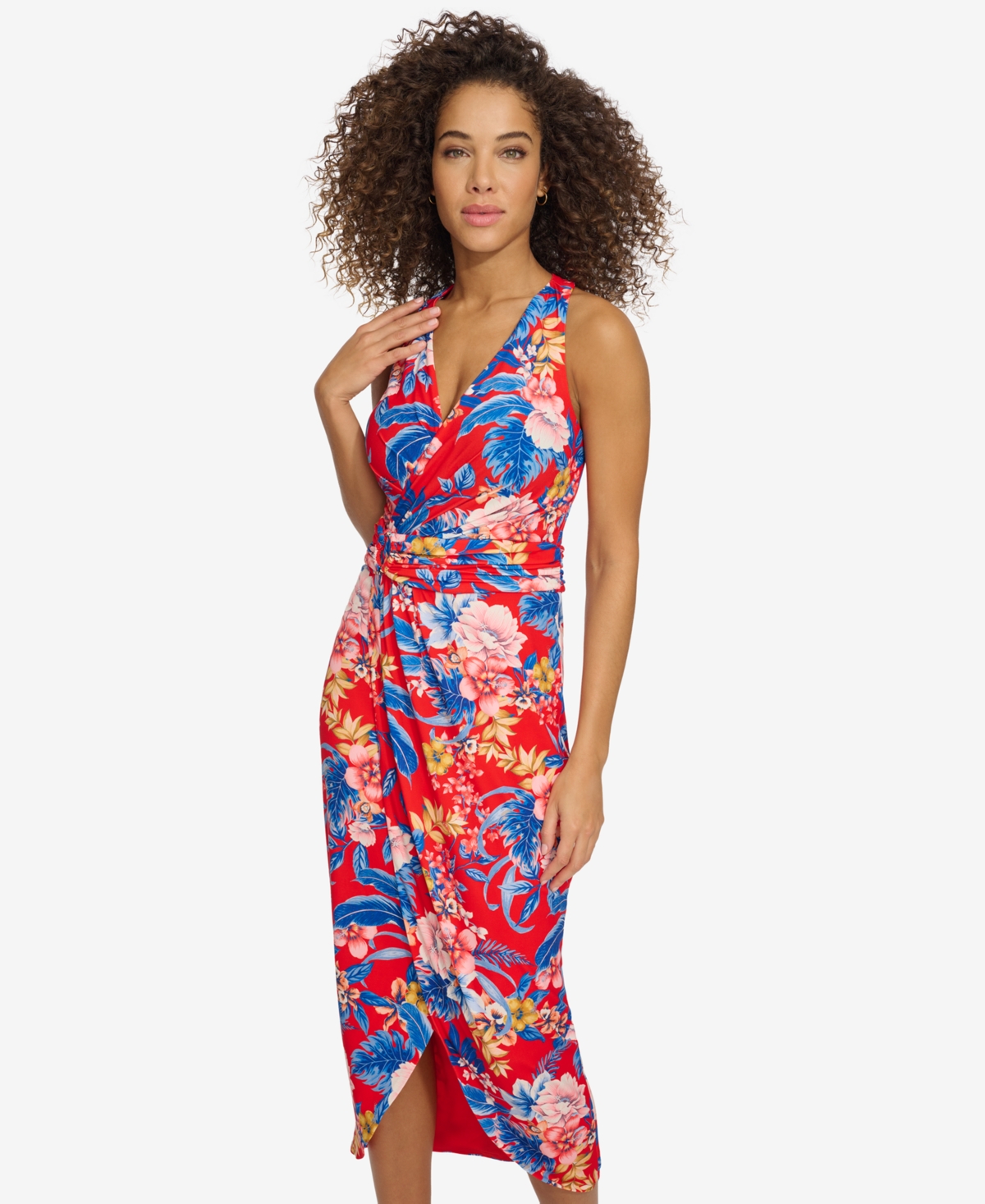 Shop Siena Women's Floral Side-ruched Sleeveless Midi Dress In Red Multi