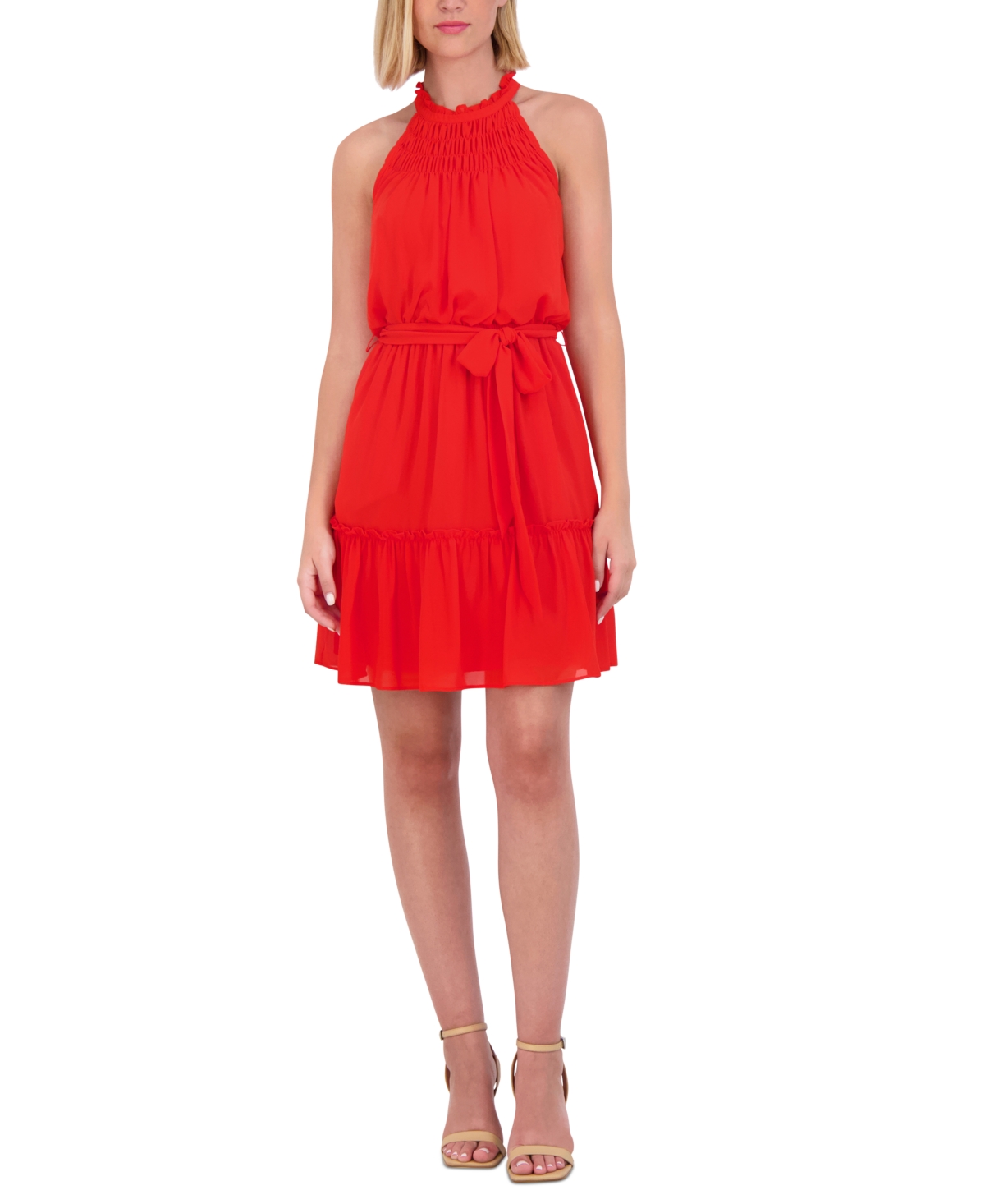 Shop Vince Camuto Women's Ruffled Halter Fit & Flare Dress In Poppy