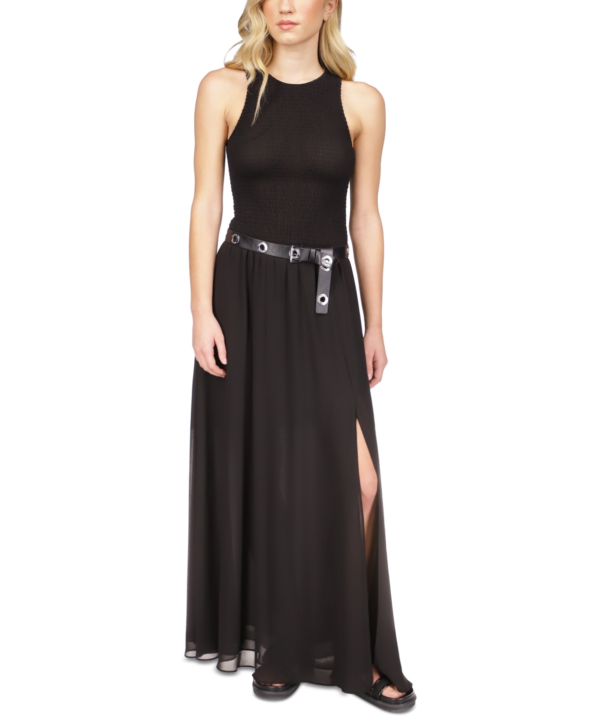 Shop Michael Kors Michael  Women's Smocked Belted Maxi Dress In Black