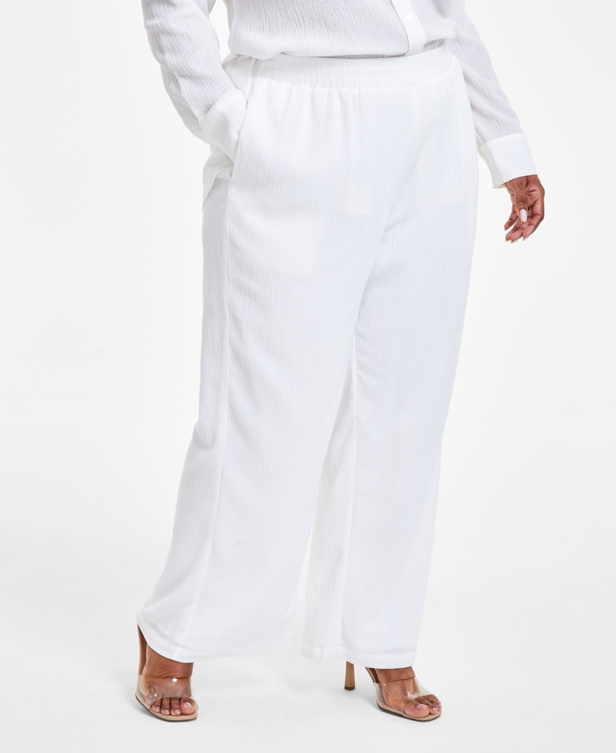 Nina Parker Trendy Plus Size Textured Pull-on Pants In White