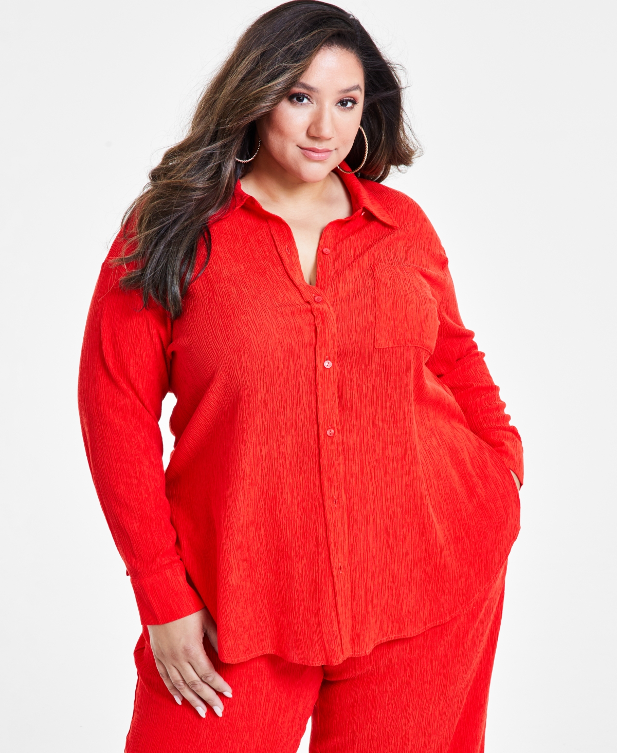 Shop Nina Parker Trendy Plus Size Textured Shirt In Flame Scar
