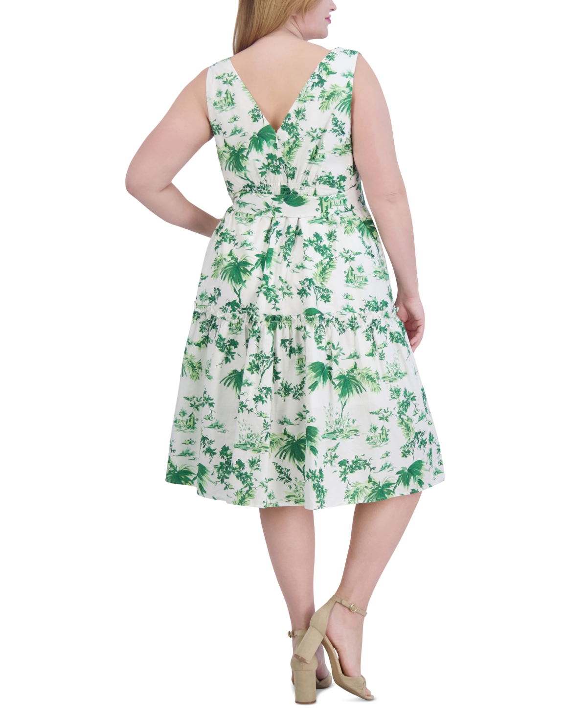 Shop Vince Camuto Plus Size Printed Belted Cotton Midi Dress In Green