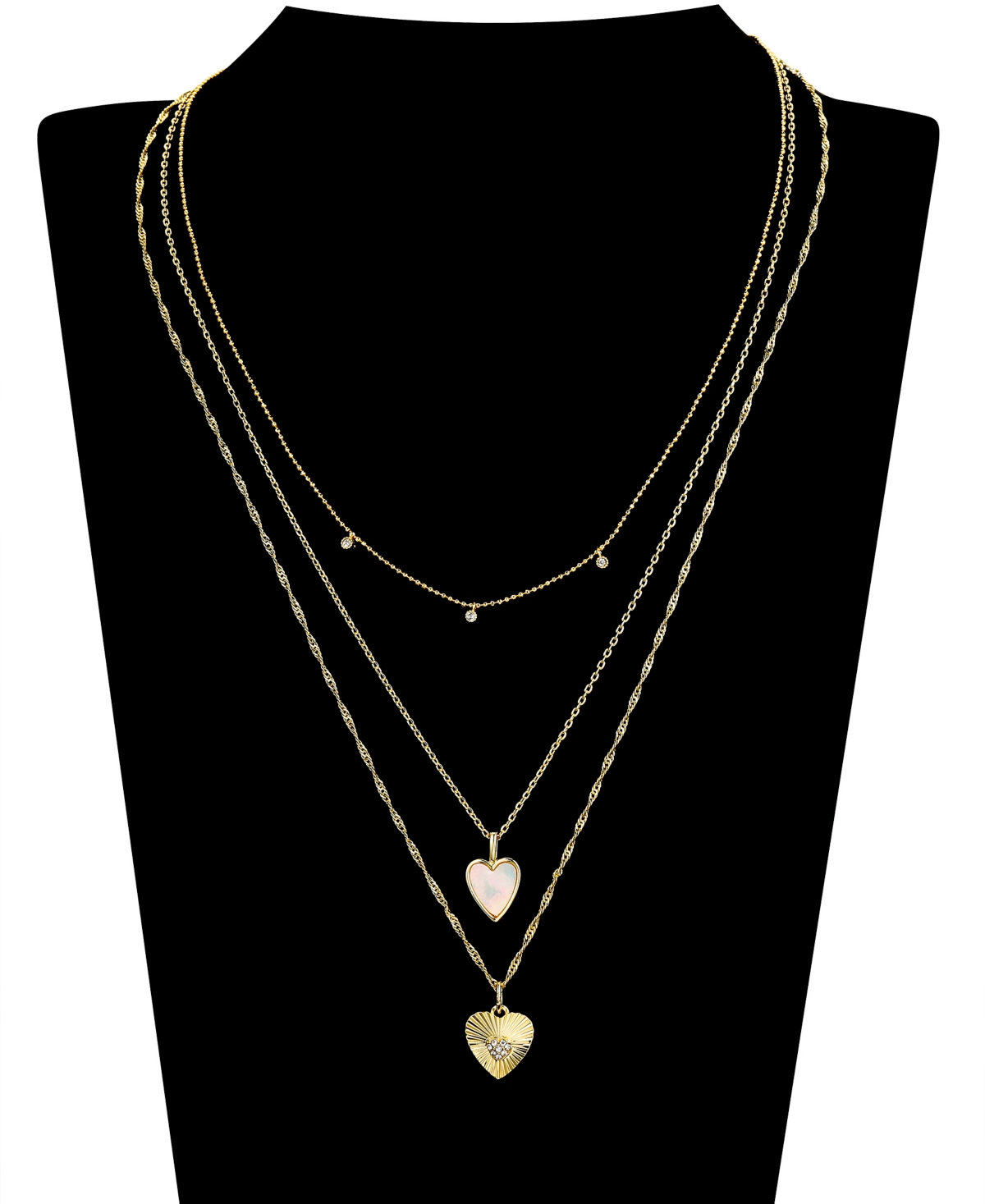 Shop Unwritten Cubic Zirconia Mother Of Pearl Heart Layered 3-piece Necklace Set In Yellow