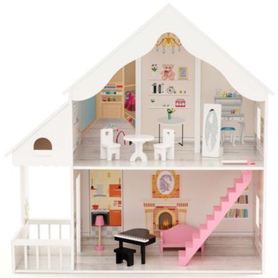 Kids Wooden Dollhouse Semi-Opened DIY Playset with Simulated Rooms & Furniture