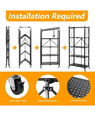 5-Tier Foldable Storage Shelving Unit, Heavy Duty Metal Shelf, Kitchen Shelf with 3 Hooks
