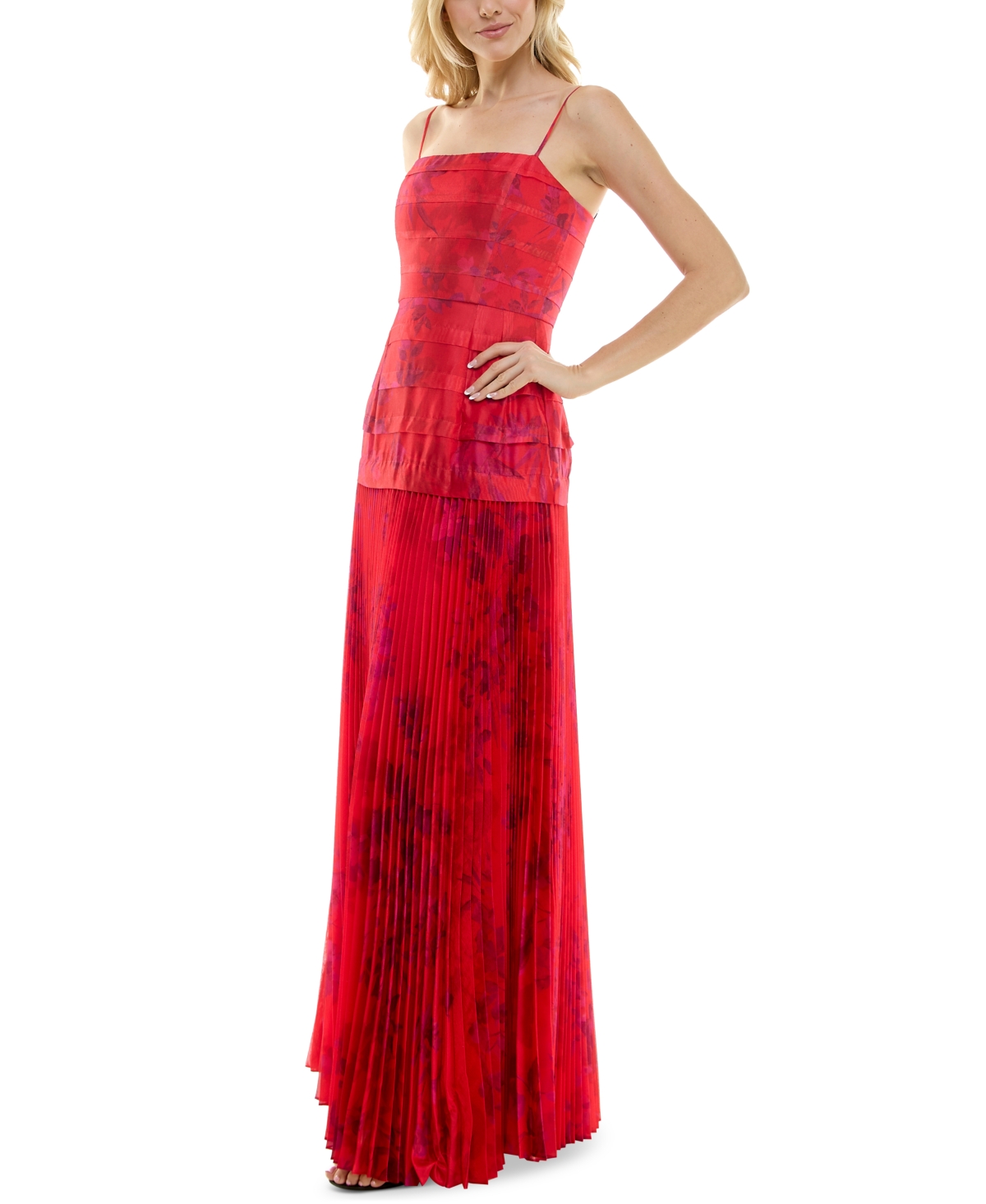 Shop Taylor Women's Floral-print Pleated Gown In Scarlet