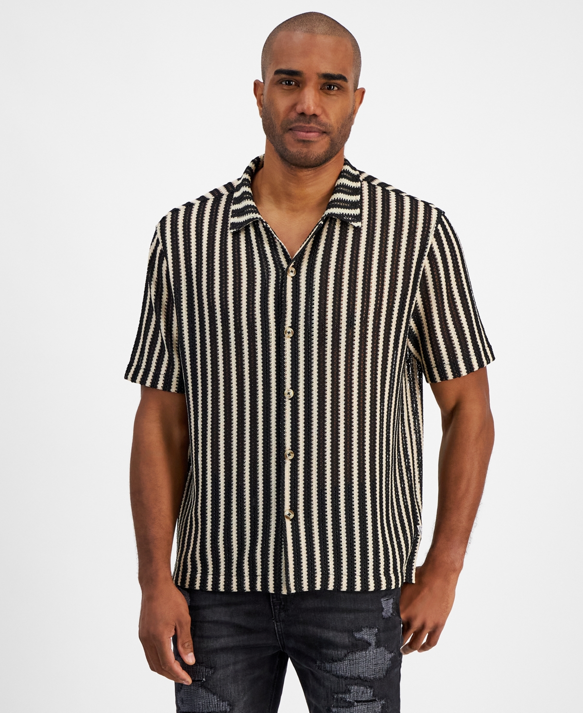 Guess Men s Short Sleeve Button Down Panama Stripe Shirt Jet Black Multi Smart Closet